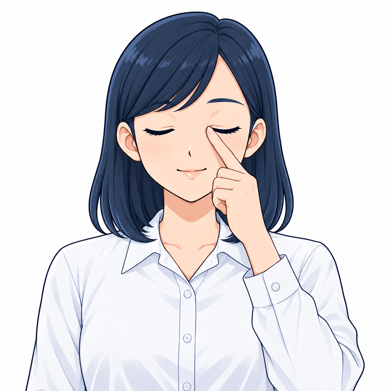 目を閉じて目頭を軽く押さえる様子